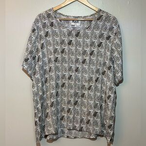 FLAX Lightweight Rayon Top in Beige, White & Gray Geometric Print Women’s M